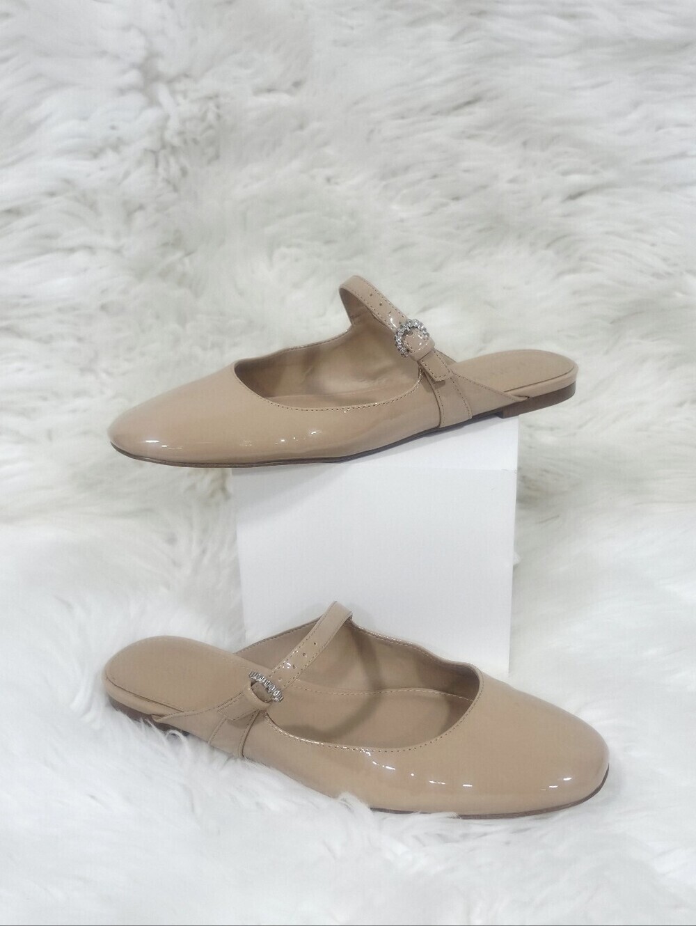 J.Crew Women Nude Patent Mary Jane Mule Flats Size 9 Rhinestone Buckle